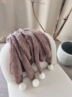 Hand Knitted Alpaca Baby Blanket – Taupe with Fur Pom Poms - Image 2