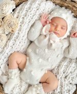 Baby Alpaca Knit Romper Set, Bonnet and Socks, Cream Photo Prop - Image 3