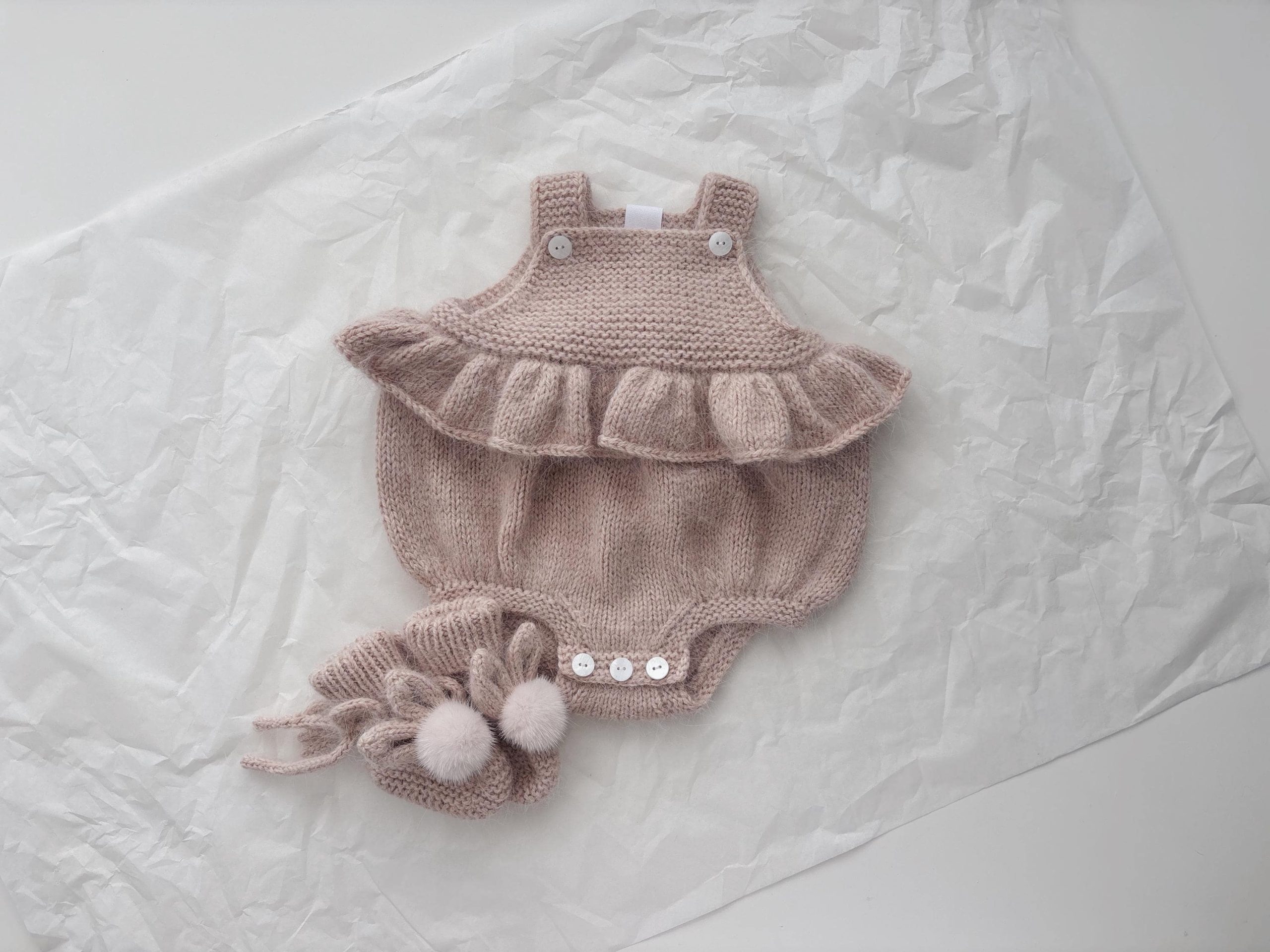 il_fullxfull.6743569908_k5bh Ruffle Romper and Bunny Booties Set - Alpaca Mohair Blend, 0-3 Months - Image 1