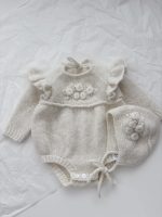 Embroidered Baby Alpaca Romper and Bonnet Set - Cream Knit Outfit - Image 3