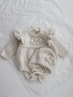 Embroidered Baby Alpaca Romper and Bonnet Set - Cream Knit Outfit - Image 6