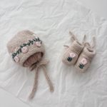 Embroidered Baby Bonnet and Booties Set – Beige Alpaca Knit