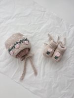 Embroidered Baby Bonnet and Booties Set – Beige Alpaca Knit