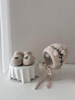 Embroidered Baby Bonnet and Booties Set – Beige Alpaca Knit - Image 2