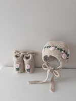 Embroidered Baby Bonnet and Booties Set – Beige Alpaca Knit - Image 9