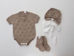 Baby Cotton Knit Romper, Bonnet and Socks Set