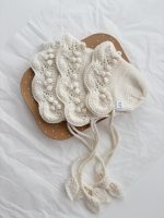 Hand Knitted Merino Baby Bonnet - Leaf Tie, Photo Prop - Image 3