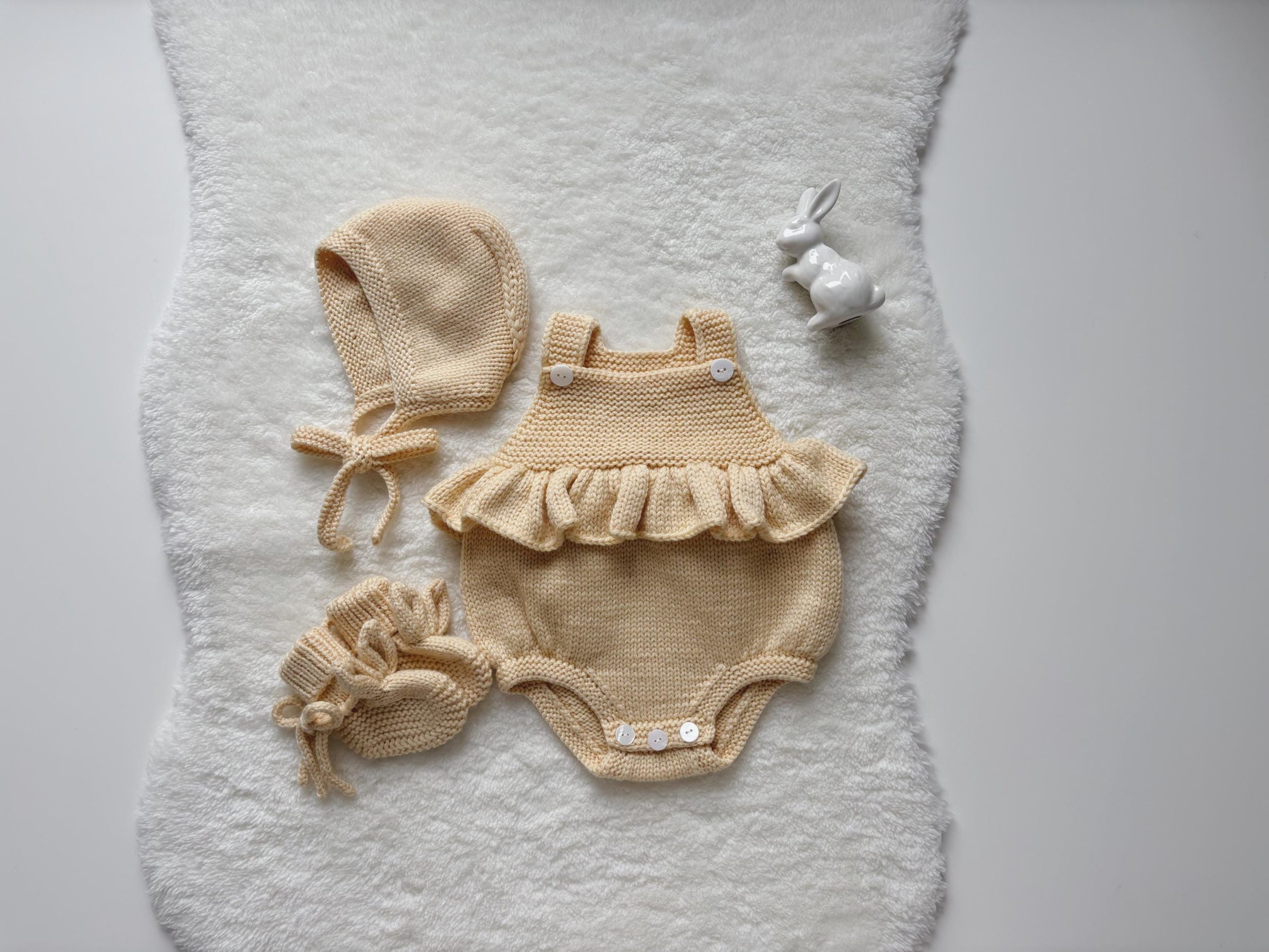 il_fullxfull.6814063558_pzc5 Merino Wool Baby Outfit: Ruffle Romper, Bonnet & Booties Set - Image 1