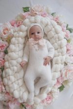 Angora Baby Romper and Bonnet Set – Milky White Outfit