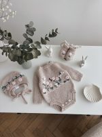Newborn Girl Alpaca Romper Set – Beige Floral Bonnet & Booties - Image 2