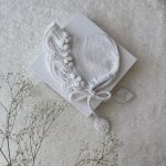 Hand Knit Merino Baby Bonnet - White Leaf Design