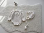 Embroidered Merino Baby Romper and Bonnet Set – Knitted Photo Prop - Image 2