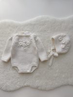Embroidered Merino Baby Romper and Bonnet Set – Knitted Photo Prop