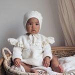 Embroidered Baby Alpaca Romper and Bonnet Set – Cream Knit Outfit