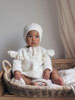 Embroidered Baby Alpaca Romper and Bonnet Set – Cream Knit Outfit