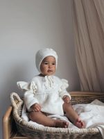 Embroidered Baby Alpaca Romper and Bonnet Set – Cream Knit Outfit - Image 4