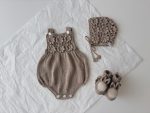 Cotton Baby Romper Set – Camel Knit Bonnet & Booties, Mink Pom Poms