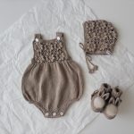 Cotton Baby Romper Set – Camel Knit Bonnet & Booties, Mink Pom Poms
