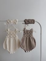 Cotton Baby Romper Set – Camel Knit Bonnet & Booties, Mink Pom Poms - Image 7