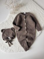 Baby Alpaca Knit Bear Bonnet & Romper Set – Brown - Image 3
