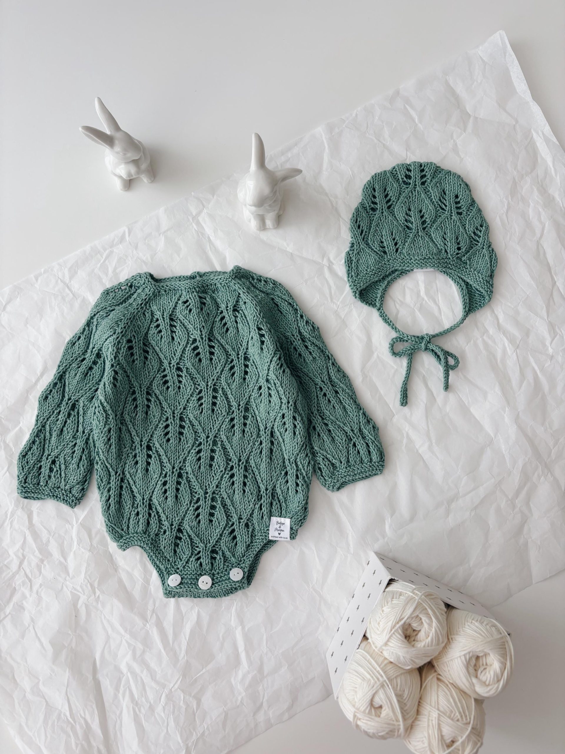 il_fullxfull.7021613863_ij85 Cotton Knit Baby Romper Set – Green Bonnet - Image 1