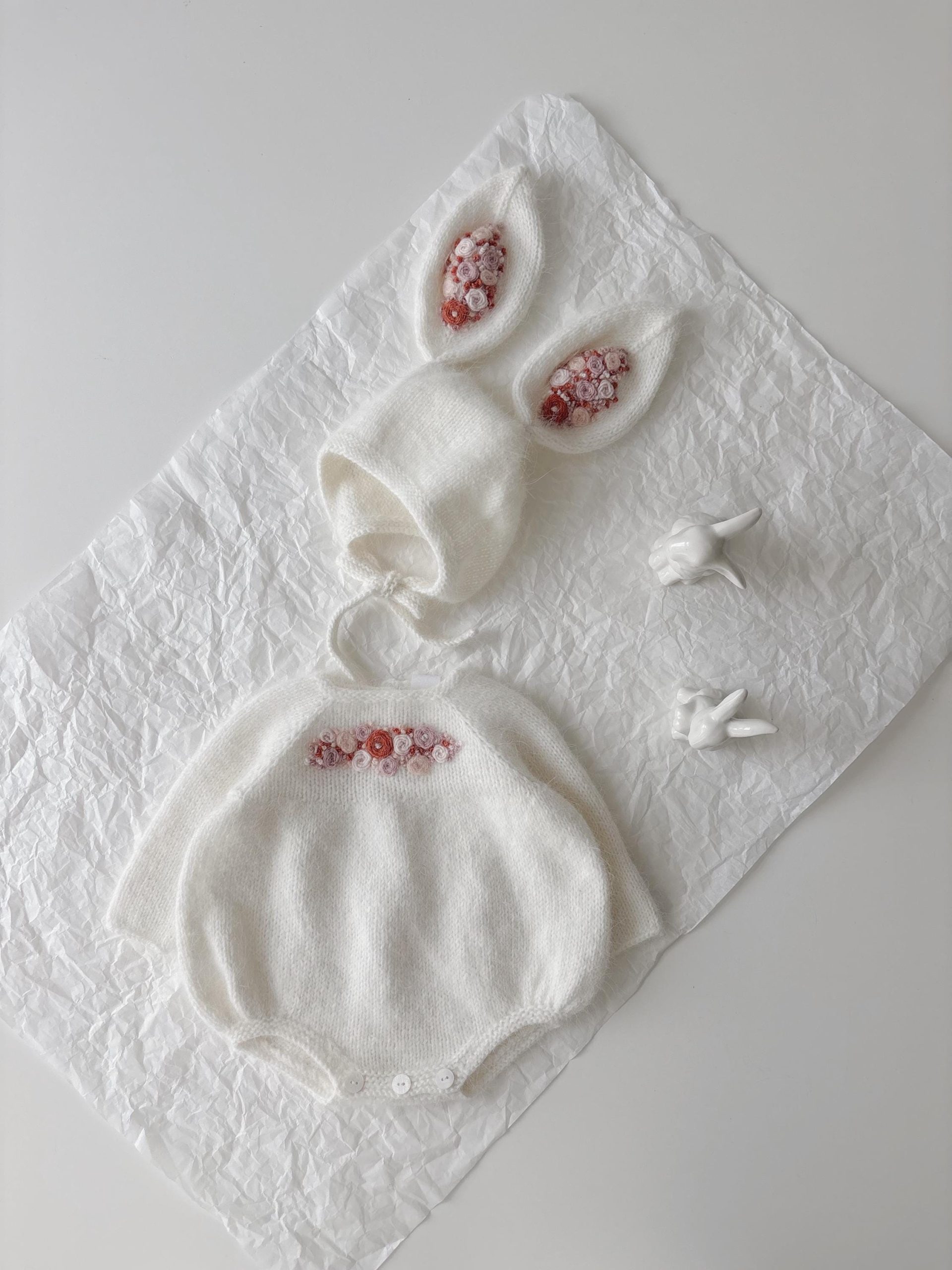 il_fullxfull.7021817510_h7cf Angora Baby Romper and Bunny Bonnet Set - Embroidered Photo Props - Image 1