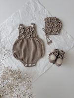 Cotton Baby Romper Set – Camel Knit Bonnet & Booties, Mink Pom Poms - Image 2