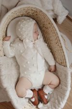 Long sleeve popcorn romper and bonnet with fabric ties - Set of 2 - Photography props