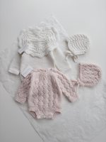 Hand Knitted Merino Baby Romper and Bonnet Set - Pale Pink (0-3 Months)