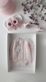 Hand Knitted Merino Baby Romper and Bonnet Set - Pale Pink (0-3 Months) - Image 6