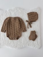 Hand Knitted Brown Merino Baby Romper Set - Bonnet & Socks