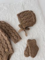 Hand Knitted Brown Merino Baby Romper Set - Bonnet & Socks - Image 3