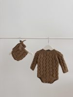 Hand Knitted Brown Merino Baby Romper Set - Bonnet & Socks - Image 4