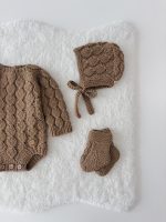 Hand Knitted Brown Merino Baby Romper Set - Bonnet & Socks - Image 2