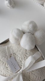 Hand Knit Cream Alpaca Baby Blanket – Genuine Fur Pom Poms - Image 7