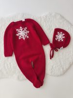 Knit Merino Baby Romper and Bonnet Set – Red Snowflake Outfit - Image 2