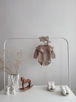 Merino Wool Knit Baby Romper and Bonnet Set - Beige Photo Prop - Image 4
