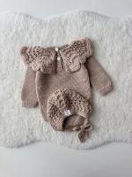 Merino Wool Knit Baby Romper and Bonnet Set - Beige Photo Prop - Image 5