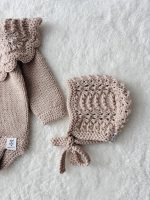 Merino Wool Knit Baby Romper and Bonnet Set - Beige Photo Prop - Image 6