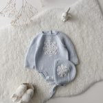 Merino Knit Baby Romper and Bonnet Set – Pale Blue Snowflake Outfit