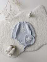 Merino Baby Romper and Bonnet Set – Snowflake Embroidery, 0-3 Months