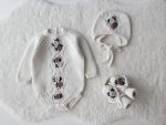 Merino Baby Romper Set, Embroidered Flowers, Bonnet and Socks - Image 3