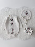 Merino Baby Romper Set, Embroidered Flowers, Bonnet and Socks - Image 9