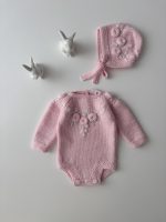 Embroidered Merino Baby Romper and Bonnet Set – Newborn Photo Prop - Image 7