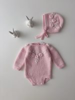 Embroidered Merino Baby Romper and Bonnet Set – Newborn Photo Prop - Image 8