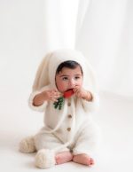 Knit Alpaca Bunny Baby Set – Cream Romper, Bonnet & Carrot Toy