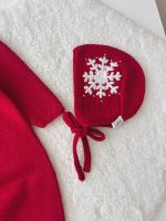 Knit Merino Baby Romper and Bonnet Set – Red Snowflake Outfit - Image 5