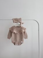 Merino Wool Knit Baby Romper and Bonnet Set - Beige Photo Prop - Image 2