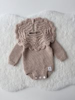 Merino Wool Knit Baby Romper and Bonnet Set - Beige Photo Prop - Image 3