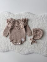 Merino Wool Knit Baby Romper and Bonnet Set - Beige Photo Prop - Image 7